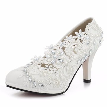 8cm Lace Flower Bead White Bridal Kitten Heel Wedding Shoes-Newchic-White