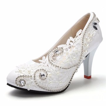 8cm White Crystal Lace Bead Flower Wedding Bridal Kitten Heels Pumps-Newchic-White