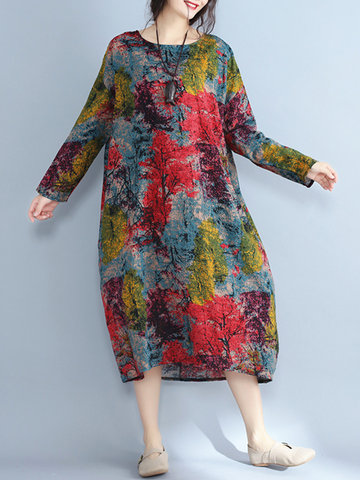 Abstract Tree Print Loose Long Sleeve Dress-Newchic-