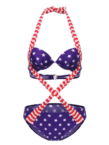 American Flag Criss-cross Backless Lace Up Padding One-pieces Sexy Bikinis-Newchic-
