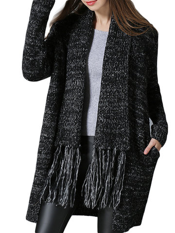 Asymmetrical Casual Knit Fringe Solid Color Long Cardigan-Newchic-
