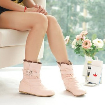 Big Size Lace Heel Buckle Increasing Slip On Mid Calf Flat Boots-Newchic-Multicolor