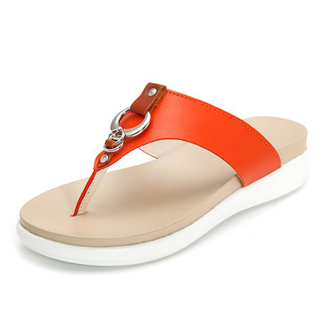 Big Size Metal Clip Toe Leather Flat Casual Beach Slippers-Newchic-Multicolor