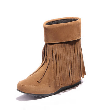 Big Size Pu Tassel Slip On Ankle Pure Color Heel Increasing Boots-Newchic-Multicolor