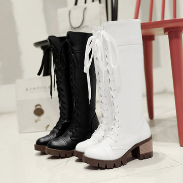 Big Size Pure Color Lace Up Knee High Chunky Heel Boots-Newchic-Multicolor