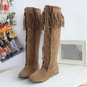 Big Size Tassel Lace Up Knee High Flat Boots-Newchic-Multicolor