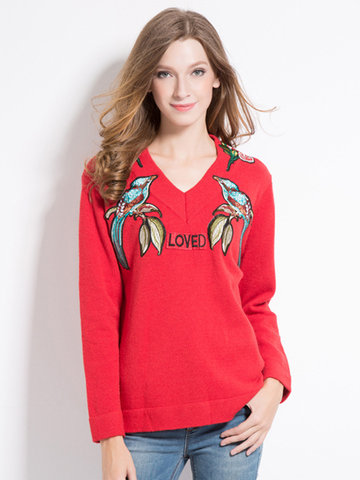 Bird Embroidery V-neck Sweaters-Newchic-