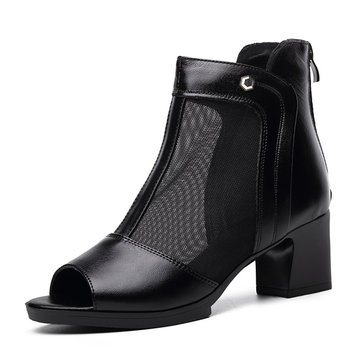 Black Leather Mesh Peep Toe Zipper Buckle Breathable Ankel Chunky Heel Sandals-Newchic-Black