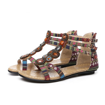 Bohemia Bead Crystal Hollow Out National Wind Retro Peep Toe Buckle Ankle Zipper Sandals-Newchic-Multicolor