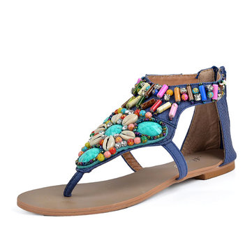 Bohemia Bead Shell Colorful Vintage Clip Toe National Wind Flat Zipper Sandals-Newchic-Multicolor