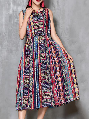 Bohemian Ethnic Printed Sleeveless O Neck Dresses For Wommen-Newchic-