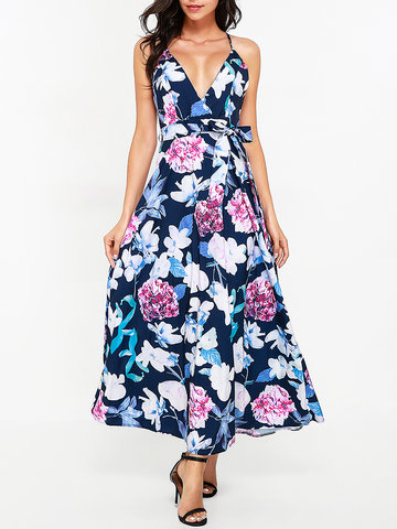Bohemian Floral Print Halter Backless Tie Waist Women Maxi Dress-Newchic-