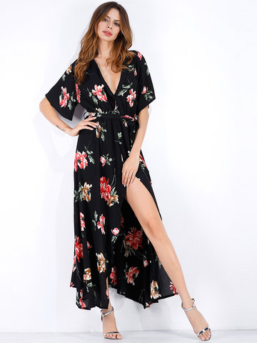 Bohemian Floral Print Split V-neck Half Sleeve Women Maxi Dress-Newchic-