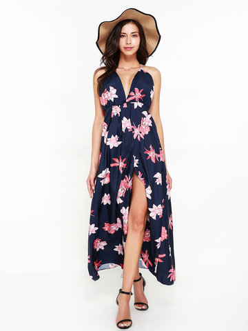Bohemian Floral Print Splited Backless Halter Tie Women Maxi Dress-Newchic-