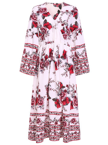 Bohemian Long Sleeve V-Neck Rose Printed Dresses For Women-Newchic-