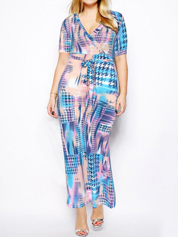 Bohemian Printed Maxi V Neck Dresses For Women-Newchic-
