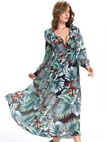 Bohemian Style Printed V-Neck Long Sleeve Women Chiffon Maxi Dresses-Newchic-