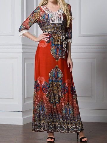 Bohemian Women Print Lace Half Sleeve Maxi Dress-Newchic-