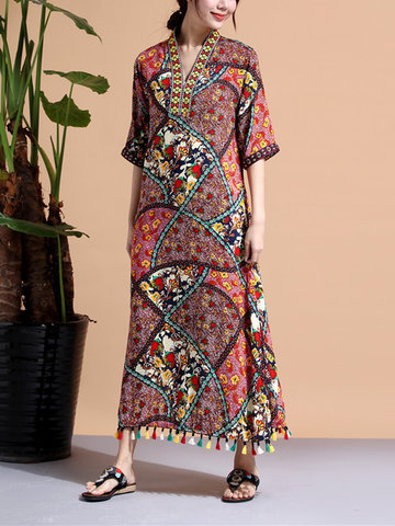Bohemian Women Printed Embroidery V-Neck Tassels Stitching Robe Dress-Newchic-