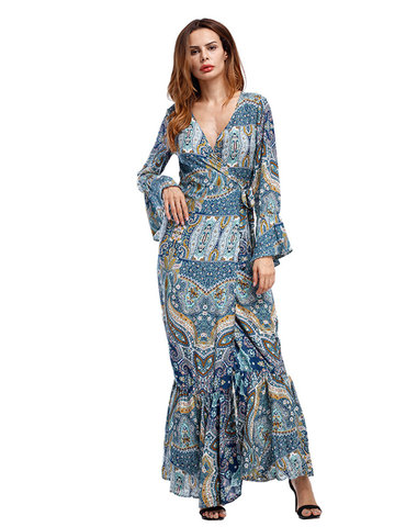 Bohemian Women Printed V-neck Long Sleeve Mermaid Maxi Dresses-Newchic-