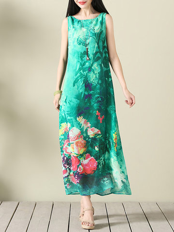 Boho Chiffon Floral Print Sleeveless O-neck Maxi Dress For Women-Newchic-
