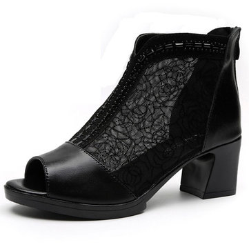Breathable Hollow Out Fish Mouth Leather Mid Heel Pumps-Newchic-Black