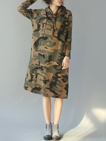 Camouflage Hooded Loose Women Dresses-Newchic-