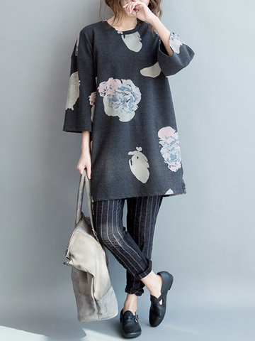 Casual 3/4 Sleeves Printed O-neck Dress-Newchic-