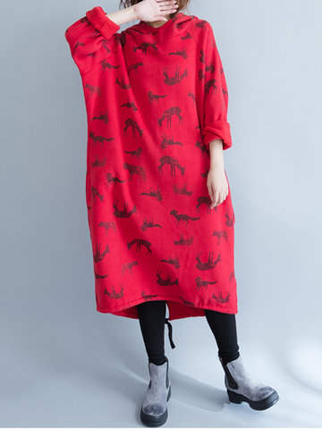 Casual Animal Print Fleece Long Sleeve Drawstring Hoodie Dress-Newchic-