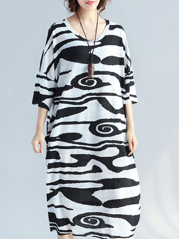 Casual Black and White Printed Batwing Sleeve Dresses-Newchic-