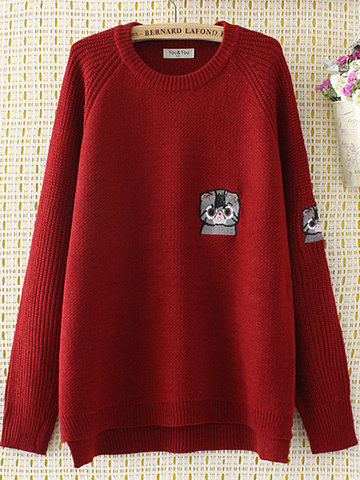 Casual Cat Embroidery Long Sleeve Sweater-Newchic-