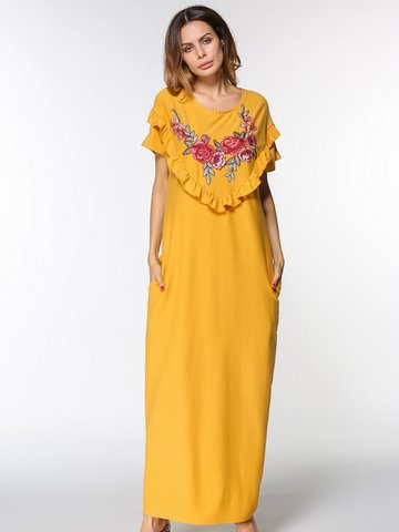 Casual Embroidered Flouncing Short Sleeve O-neck Maxi Dress For Women-Newchic-