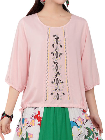 Casual Embroidery 3/4 Sleeve Loose Blouse For Women-Newchic-