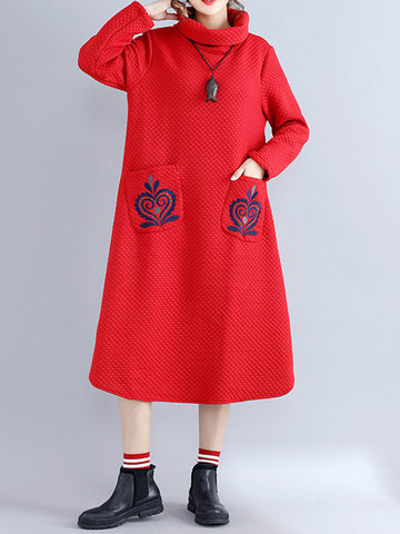 Casual Embroidery Long Sleeve Turtleneck Dress-Newchic-