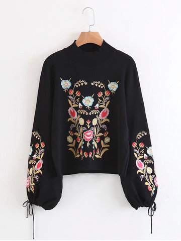 Casual Floral Embroidered Long Lantern Sleeve Women Sweaters-Newchic-