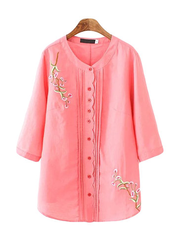 Casual Floral Embroidery Button Blouse-Newchic-