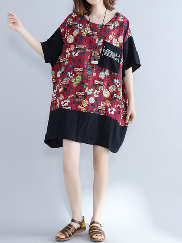 Casual Floral Print Patchwork Half Sleeve O-neck Dress For Women-Newchic-