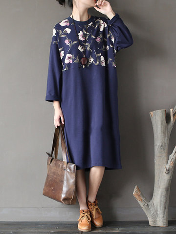 Casual Floral Print Patchwork Long Sleeve O-neck Women Dresses-Newchic-