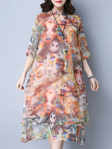 Casual Floral Printed Chiffon V-neck Dresses-Newchic-