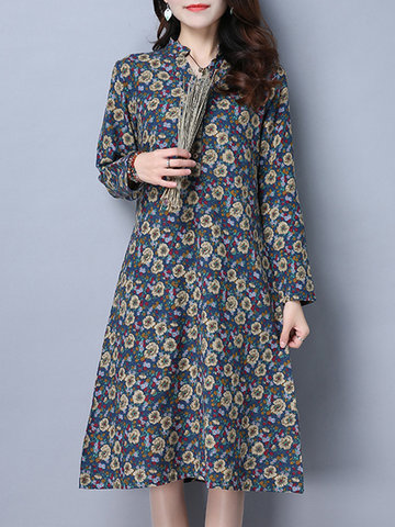 Casual Floral Printed V-Neck Long Sleeve Women Dresses-Newchic-