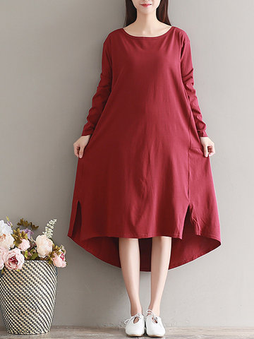 Casual Irregular Split Pure Color Long Sleeve O-neck Women Maxi Dress-Newchic-