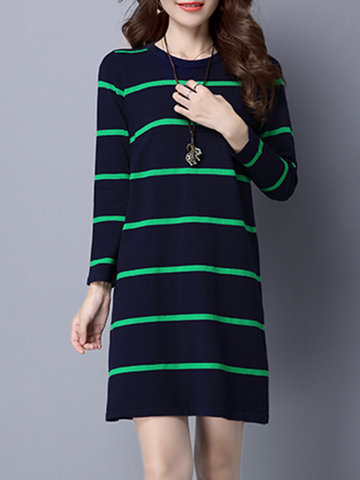 Casual Knitted Loose Stripe Dresses-Newchic-