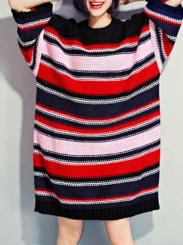 Casual Knitted Loose Striped Dresses-Newchic-