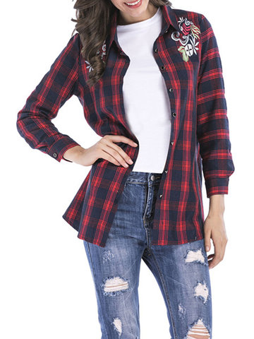 Casual Lapel Plaid Long Sleeves Blouse-Newchic-
