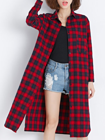 Casual Lapel Plaid Printed Blouse-Newchic-