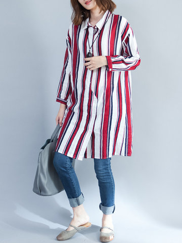 Casual Lapel Striped Long Blouses-Newchic-