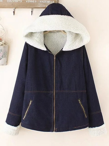 Casual Long Sleeve Hooded Thick Denim Coat-Newchic-