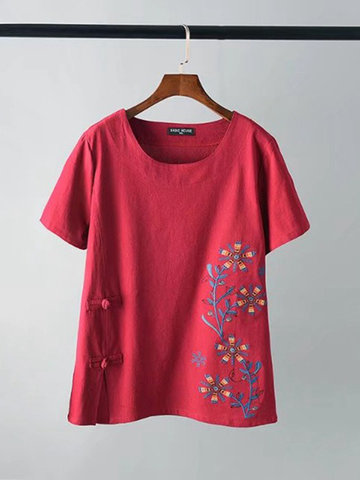 Casual Loose Floral Embroidery Short Sleeve Women T-Shirts-Newchic-
