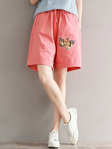 Casual Loose Letter Cat Pattern Drawstring Waist Shorts For Women-Newchic-