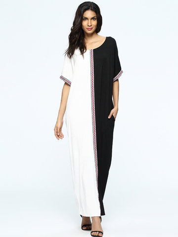 Casual Loose Patchwork Half Sleeve O-neck Maxi Dress For Women-Newchic-
